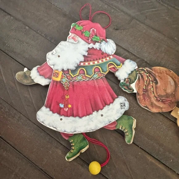 Vintage Wooden Mary Engelbreit Pull String Santa with sack and 3D Deer - Picture 8 of 9